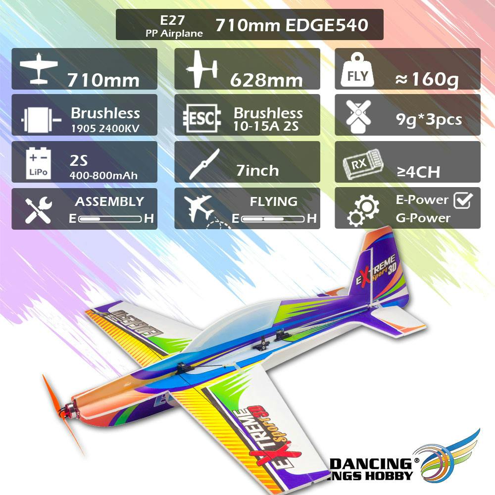 Dancing Wings Hobby E27 EDGE540 710mm Wingspan 3D PP RC Airplane Kit with Brushless S-FHSS/DSMX/2/Frsky D16/Frsky D8 Power Combo