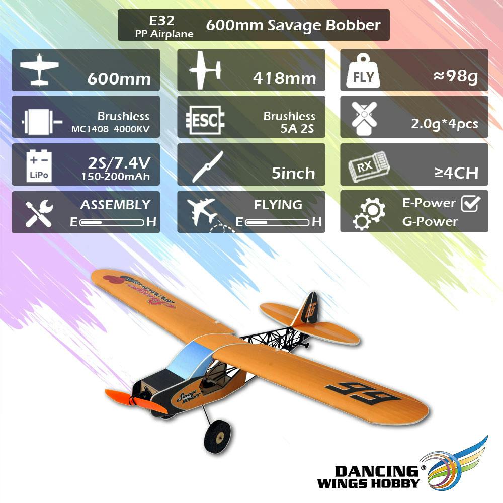 Dancing Wings Hobby E32 Savage Bobber 600mm Wingspan PP Foam Slow Flyer Fixed Wing RC Airplane