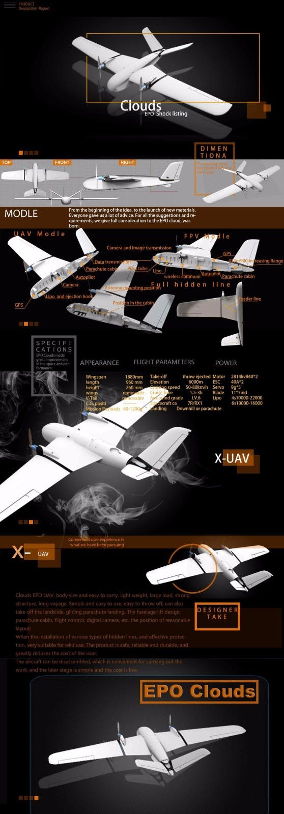 X-UAV Clouds 1880mm Wingspan Twin Motor EPO FPV Aircraft RC Airplane KIT Aerial Mapping Version